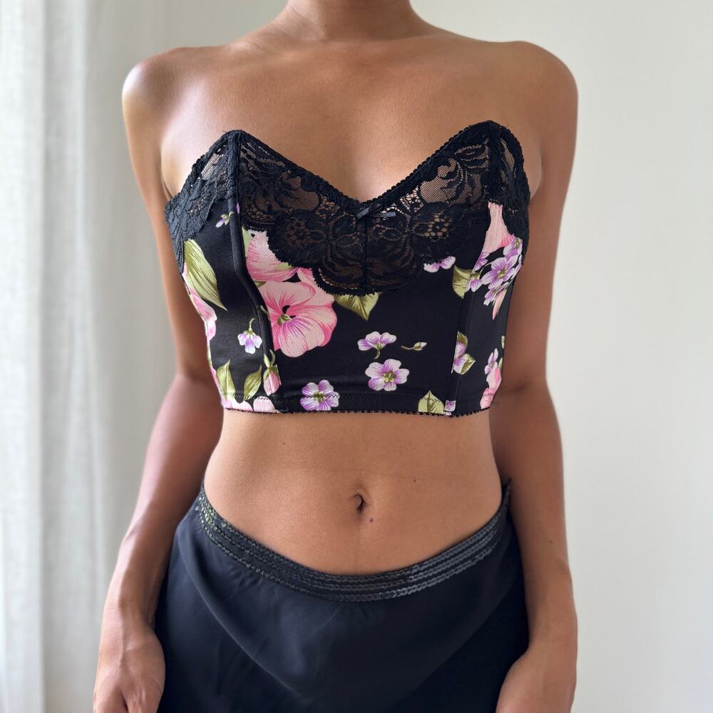 Vintage 90s Italian Black Floral Bustier Crop Top with Lace Trim (S, C cup)